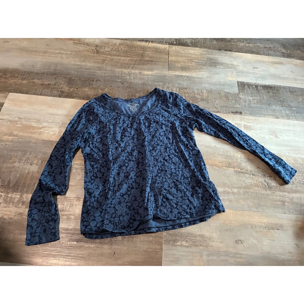 Faded Glory Womens XL Blue Floral Organic Cotton Long Sleeve Scoop Neck Top